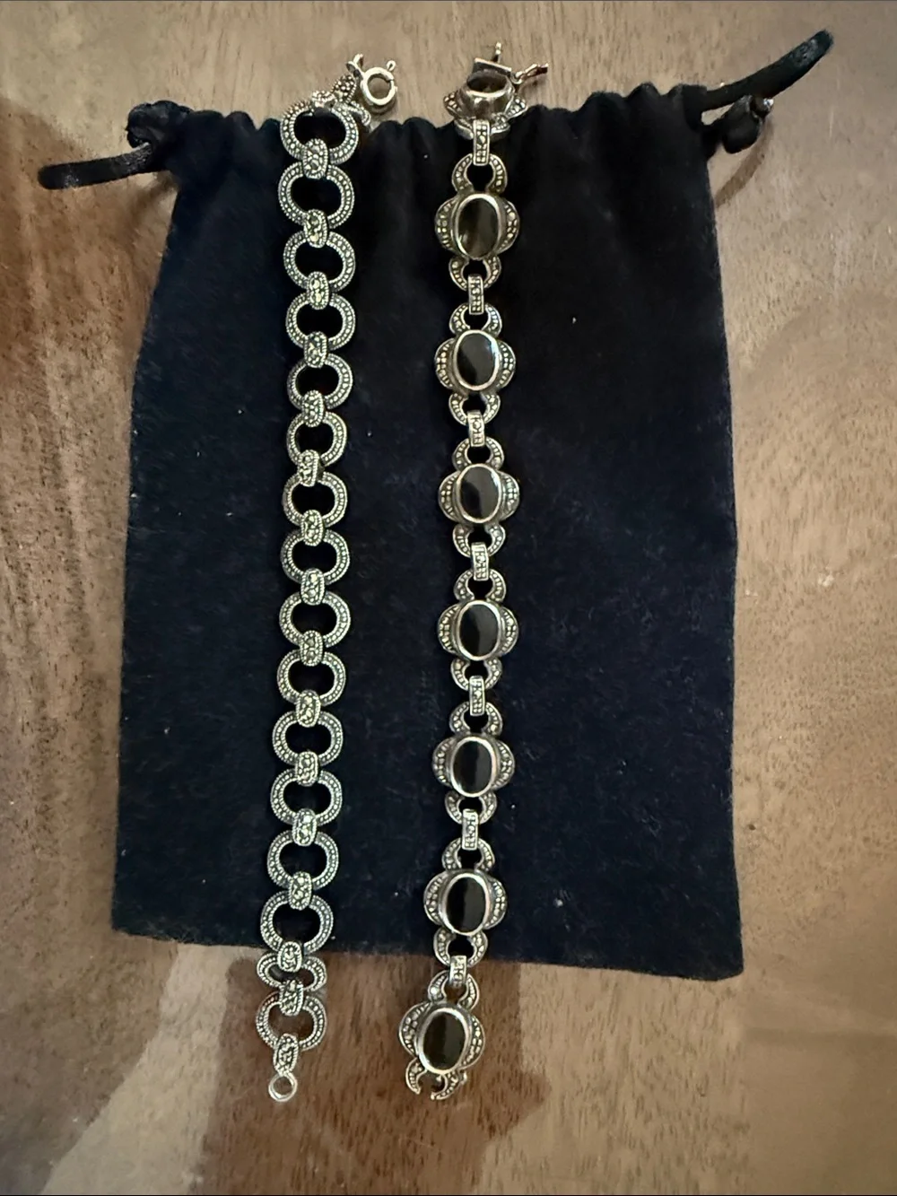 Silver-Tone Linked Bracelet with Dark Stone Accents